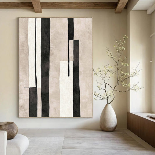 Large contemporary hand-drawn abstract art featuring vertical rectangular shapes in minimalist style with muted colors on textured paper inspired by Matisse. DLZ1270