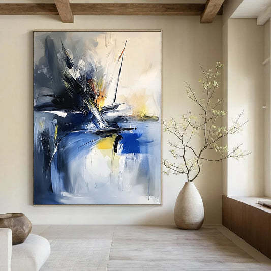 Modern abstract painting showcasing thick brush strokes and textured palette knife techniques in vibrant sea-inspired colors featuring a small sailboat in the corner. DLZ0957