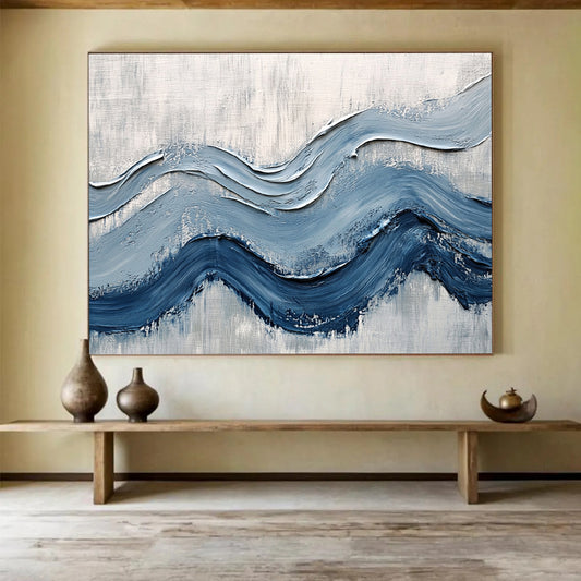 Textured Blue Waves on Gray - Impasto Abstract Painting On Canvas HB0490