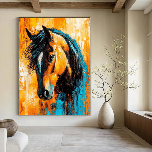 Contemporary hand-painted abstract art featuring a powerful horse portrait with dynamic brushstrokes and vivid colors on a striking orange and blue background. DLZ1584