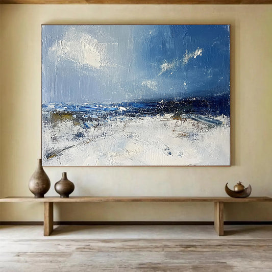 “Blue and White Coastal Abstract” - Blue, White, Seaside Motifs Painting On Canvas HB0871