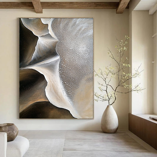 Large contemporary abstract artwork showcasing intricate sand dune patterns and contrasting rock formations with rich oil paint texture and minimalistic desert depth. DLZ1181