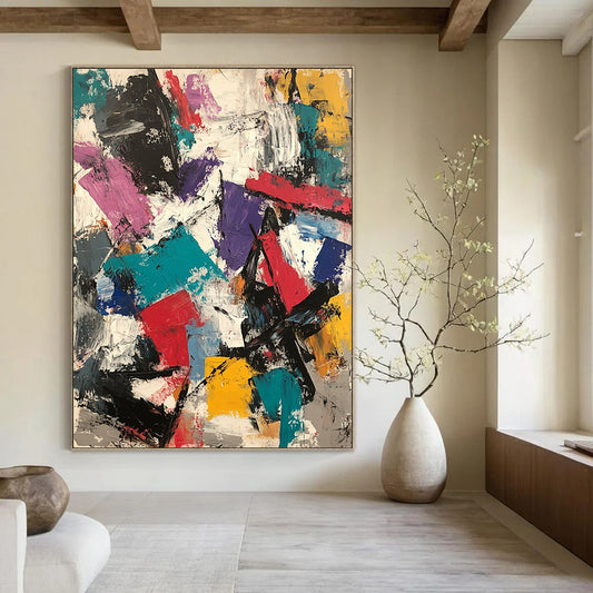 Contemporary hand-painted abstract artwork featuring thick brush strokes, vibrant colors, and layered textures in a dynamic composition. DLZ0930