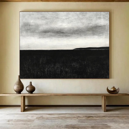 “Monochrome Sea & Sky Horizon” - Black, White, Calm Sea Painting On Canvas HB0797