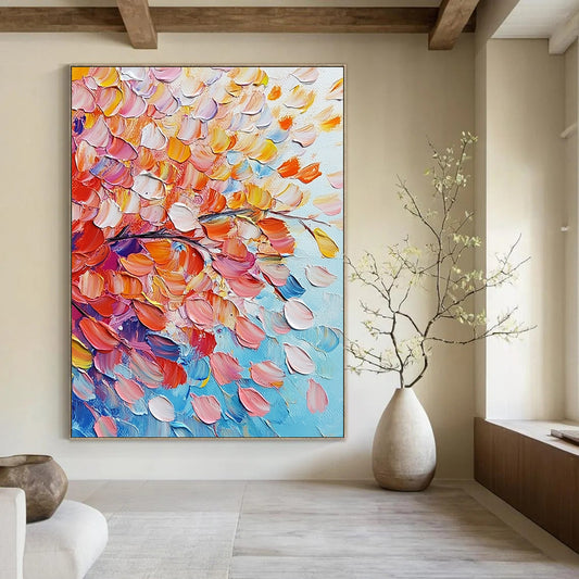 Contemporary abstract painting featuring vibrant pink and orange flowers with colorful leaves on a soft sky-blue background, rich in texture and movement. DLZ0620
