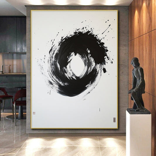 Black and White Splattered Circle "Energetic Enso" Painting On Canvas HB272