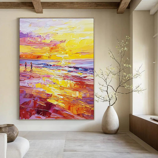 Contemporary abstract painting featuring vibrant sunset hues with palette knife textures and small figures on a beach during golden hour. DLZ0476