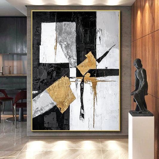 Black, White, Gray, Gold, Angular Shapes "Gilded Geometry" Abstract Minimalist Painting On Canvas HB062