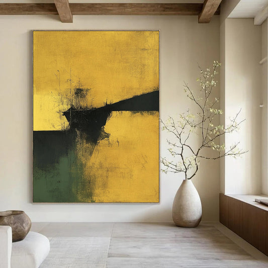 Contemporary abstract art showcasing earthy yellows and greens with touches of black and gold in a minimalist design. DLZ0915