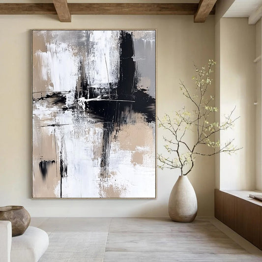 Contemporary hand-painted abstract art featuring bold brush strokes in neutral tones and striking paint splashes for a modern aesthetic. DLZ0306