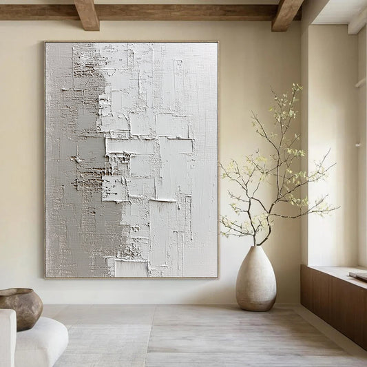 Contemporary hand-painted abstract artwork showcasing textured light gray and dark beige shades on a dark plaster background, evoking tranquility and depth. DLZ0832