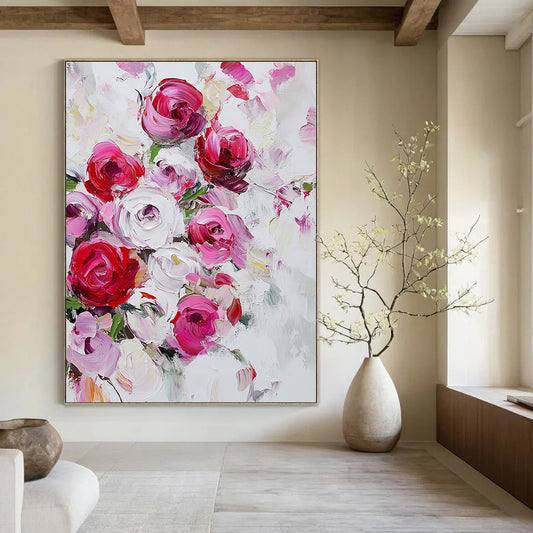 Contemporary hand-painted abstract art featuring vibrant red and pink roses on a white background with loose strokes and a dreamy bouquet effect. DLZ0992
