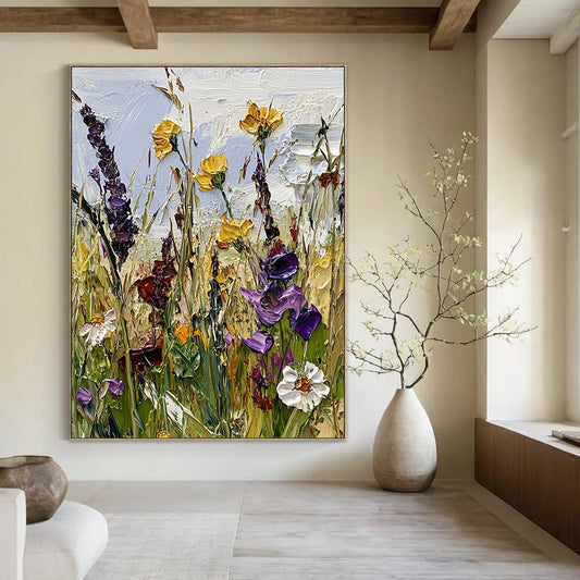 Contemporary hand-painted abstract art featuring colorful wildflower meadows with expressive brushwork and soft pastel hues that bring a vibrant natural scene to life. DLZ1523