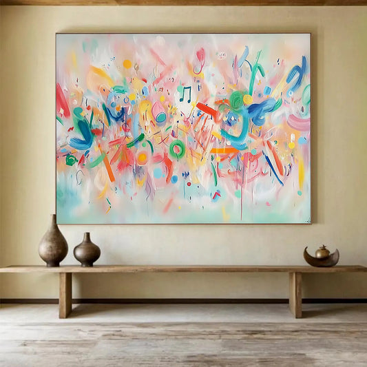 “Melodic Color Burst” - Pastel pinks, musical notes, Abstract Music - Inspired Painting On Canvas HB0571