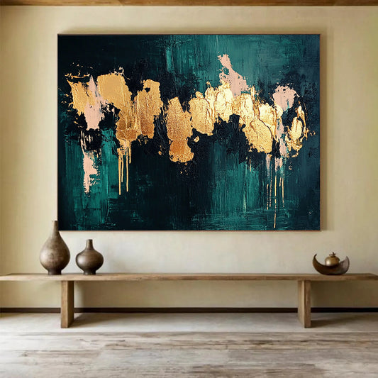 “Teal and Gold Abstract Drip” - Teal, gold, pink; Abstract drip painting with gold and pink; Acrylic Painting On Canvas HB1245