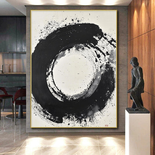 Black and White Splattered Circle "Cosmic Enso" Painting On Canvas HB280