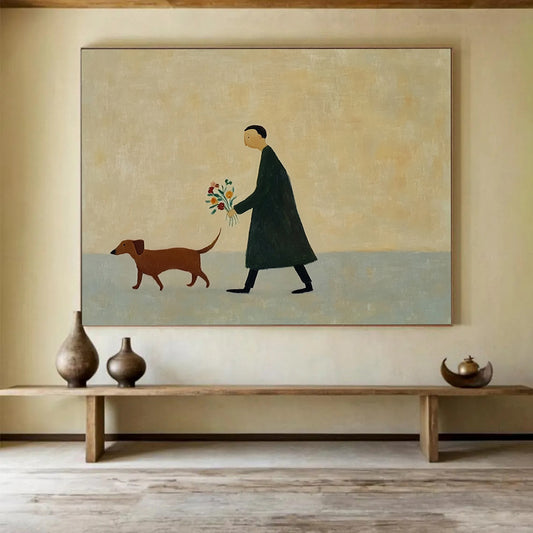 “Man Walking Dog with Flowers” - Simple figures, muted colors, peaceful scene, Minimalist Narrative Painting On Canvas HB0603
