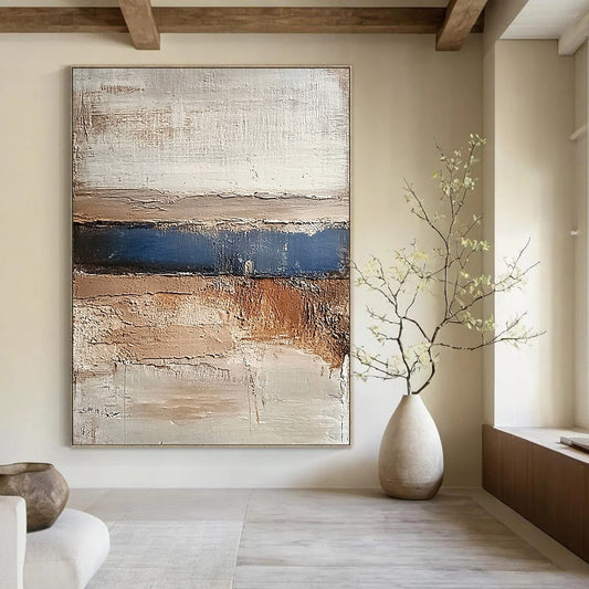 Contemporary abstract painting featuring earthy tones of beige brown grey and blue conveying calmness with a textured landscape of hills and water. DLZ1479