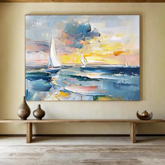 “Colorful Sailboat Sunset” - Blues, Yellows, Oranges, Abstract Sailboat Scene - Impasto Oil Painting HB1722