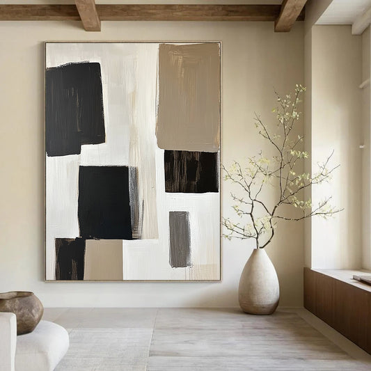 Contemporary abstract artwork featuring large white blocks and stylish black squares, minimalist design with neutral tones for an elegant touch. DLZ0547