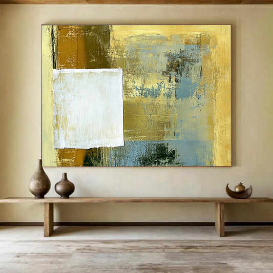 “Textured Gold - Blue Square” - Layered gold and blue with a raw - edged white square, Mixed - Media Abstract Painting On Canvas HB0541