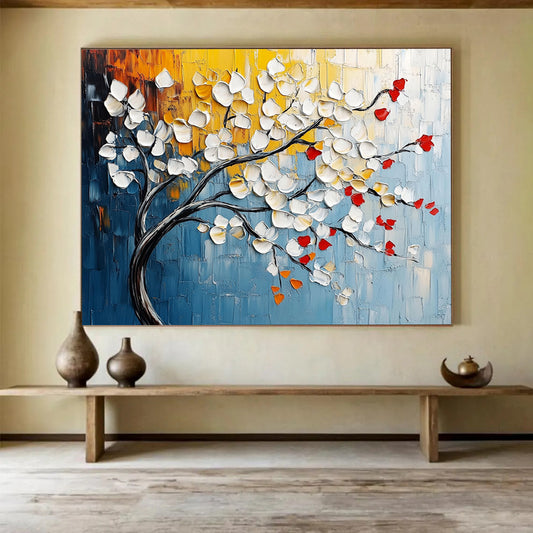 “Textured Blossom Branch” - White, Red, Yellow, Blue - Impasto Floral Branch - Acrylic Painting HB1330