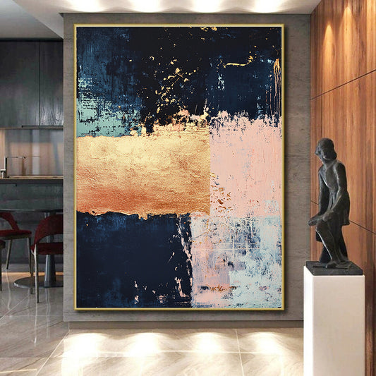 Dark Blue, Light Blue, Pink, Gold, Geometric Blocks "Coastal Opulence" Abstract Painting On Canvas HB031
