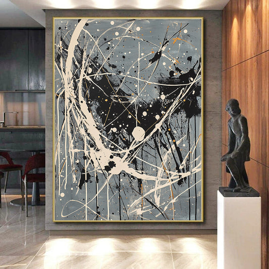 Gray, Black, White, Gold, Complex Drips "Starry Maze" Abstract Pollock - Inspired Painting On Canvas HB054