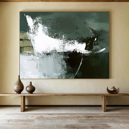 “Dark Green Abstract Strokes” - Green, White, Black with Bold Strokes - Abstract Acrylic Painting HB1349