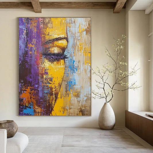 Contemporary hand-painted abstract artwork featuring textured palette knife techniques and vibrant hues of brown yellow purple and blue in an old cityscape. DLZ0581