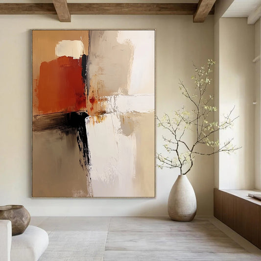 Contemporary abstract painting features a neutral color palette with beige, white, brown, and soft brush strokes for a warm artistic expression. DLZ0532