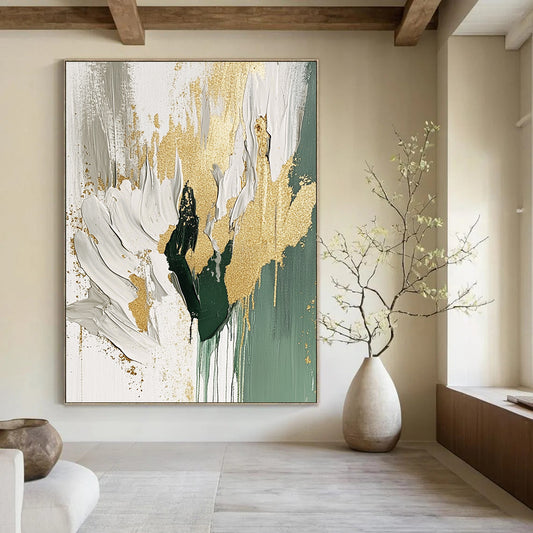 Contemporary abstract artwork featuring a beige and white palette with gold foil accents flowing brush strokes and sage green splashes on a white background. DLZ0906