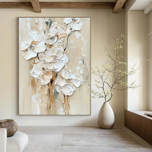 Contemporary large hand-painted abstract artwork featuring impasto white flowers in a soothing palette of neutral colors and tones. DLZ0672