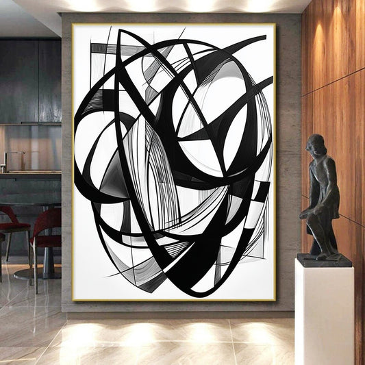 Black Intertwined Lines & Shapes - “Complex Ink Geometry” Painting On Canvas HB240