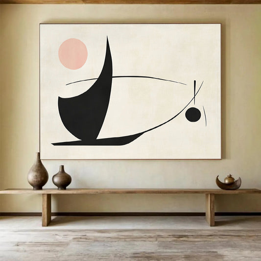 “Abstract Black - Pink Shapes” - Black, pink, and curved lines, Abstract Geometric Painting On Canvas HB0548