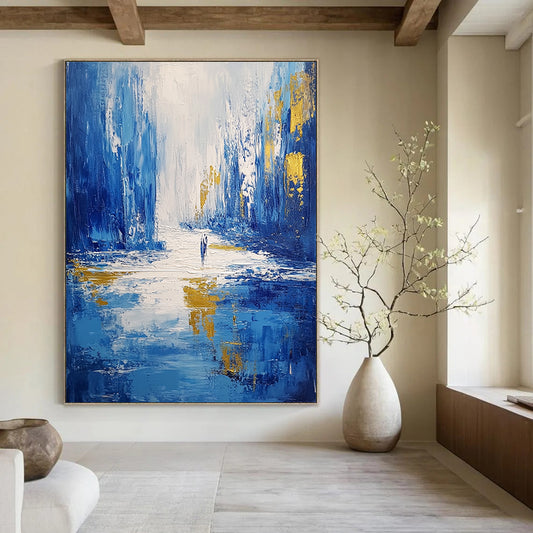 Contemporary abstract artwork featuring thick cold blue brush strokes depicting an icy cityscape with dynamic highlights and reflections on flowing water. DLZ0350