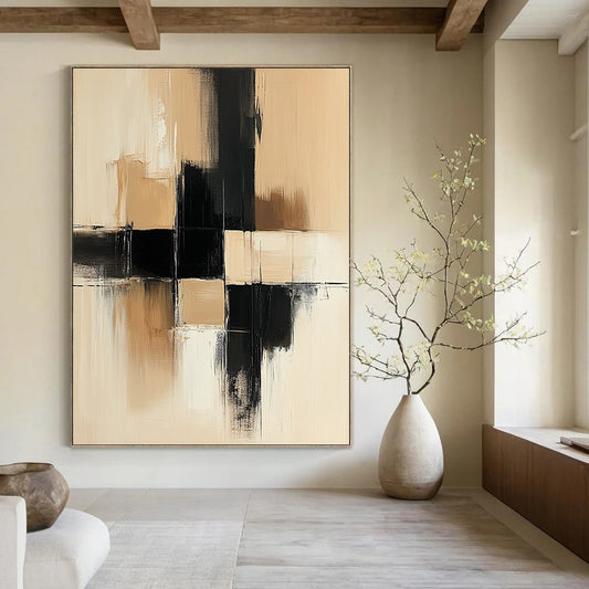 Contemporary hand-painted abstract art featuring thick brush strokes in a beige and black palette with large geometric shapes on a neutral canvas texture. DLZ0549