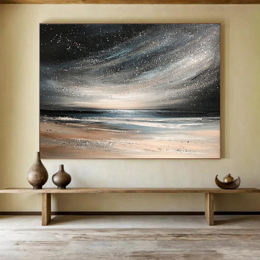 “Starry Night Beach” - Black, Silver, Beige, Celestial Seaside Scene Painting On Canvas HB1026