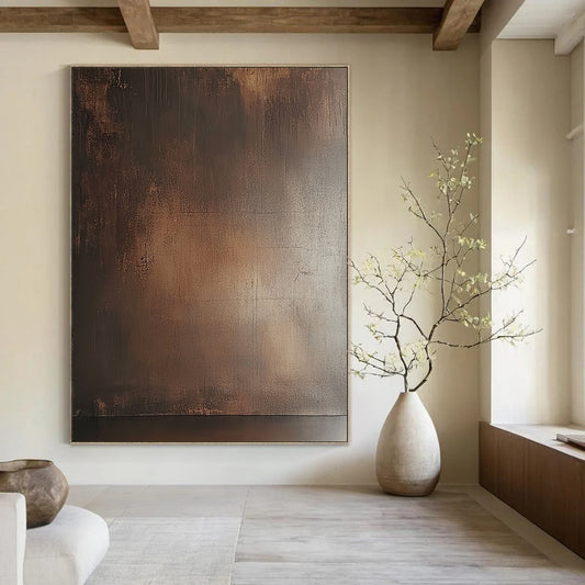 Contemporary abstract painting featuring a textured brown wall with subtle sheen and earthy tones enhancing a moody atmosphere. DLZ1690
