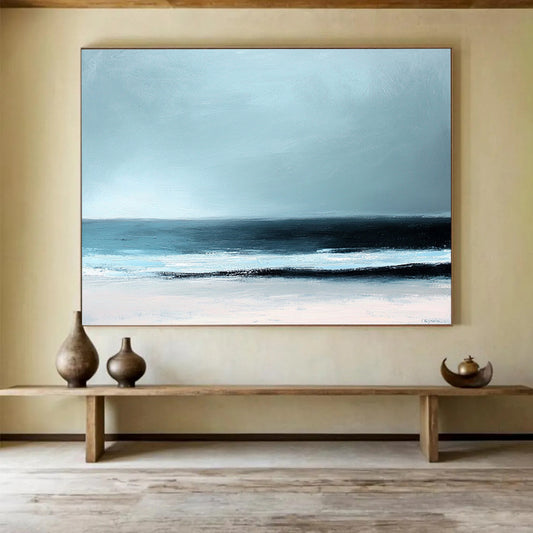 “Minimalist Beach Horizon” - Light blue, black, white; Abstract beach scene; Soft Acrylic Painting On Canvas HB1189