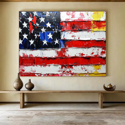 “Textured Flag Tribute” - Red, white, blue, yellow; Thick, weathered strokes on an American flag; Palette Knife Oil Painting On Canvas HB1174