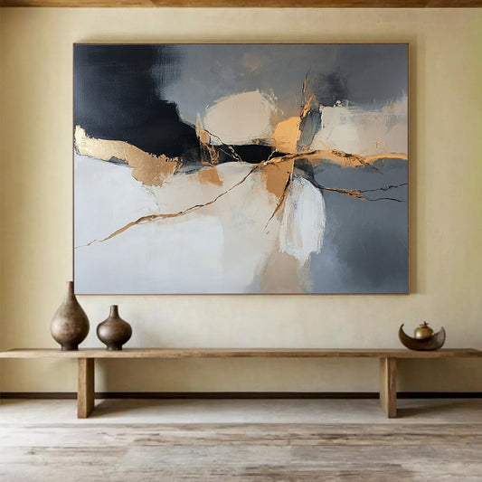 “Gilded Cracks” - Gray, Gold, Black, Abstract Textured Painting On Canvas HB1059