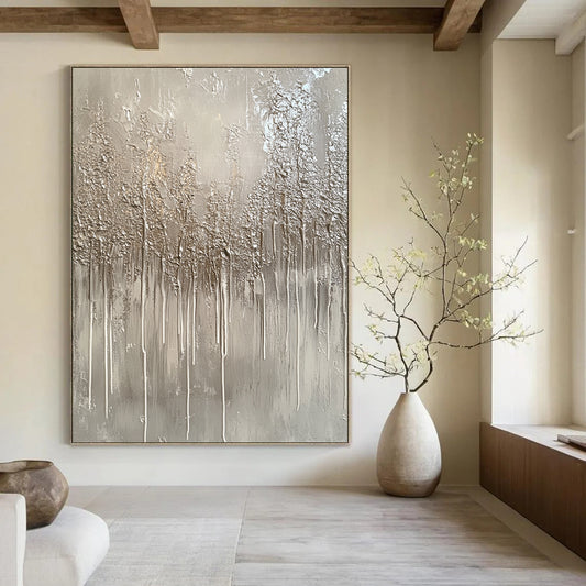 Large contemporary hand-painted abstract artwork featuring a monochromatic gray palette with drips and metallic silver accents evoking winter landscapes. DLZ1517