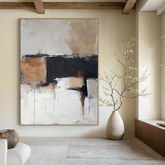 Contemporary hand-painted abstract art in soft neutral tones of beige and gray with brown accents creates an atmospheric and soothing ambiance. DLZ0497