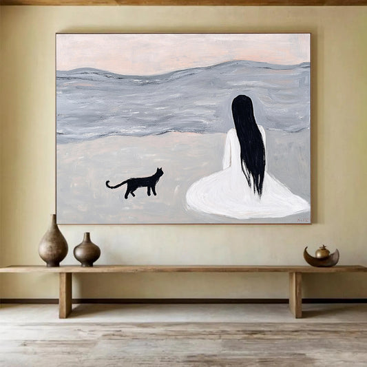 “Woman and Cat by the Sea” - A woman and a black cat sitting by the sea, Minimalist Figurative Painting On Canvas HB0554