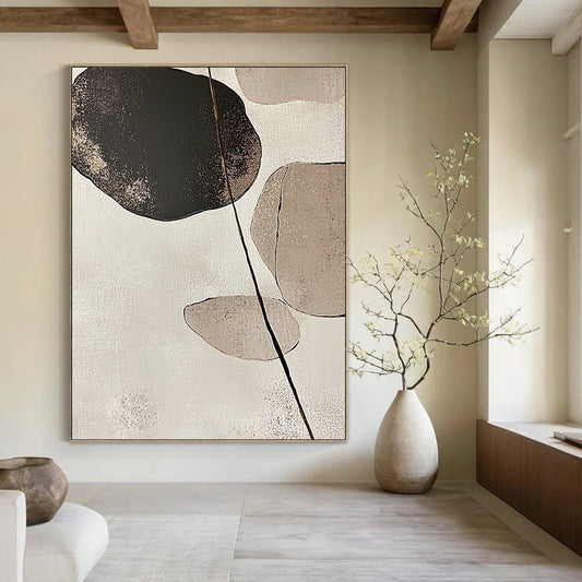 Large contemporary abstract art featuring minimalist Japandi design with stone and leaf forms in beige and neutral tones against a white background. DLZ1616