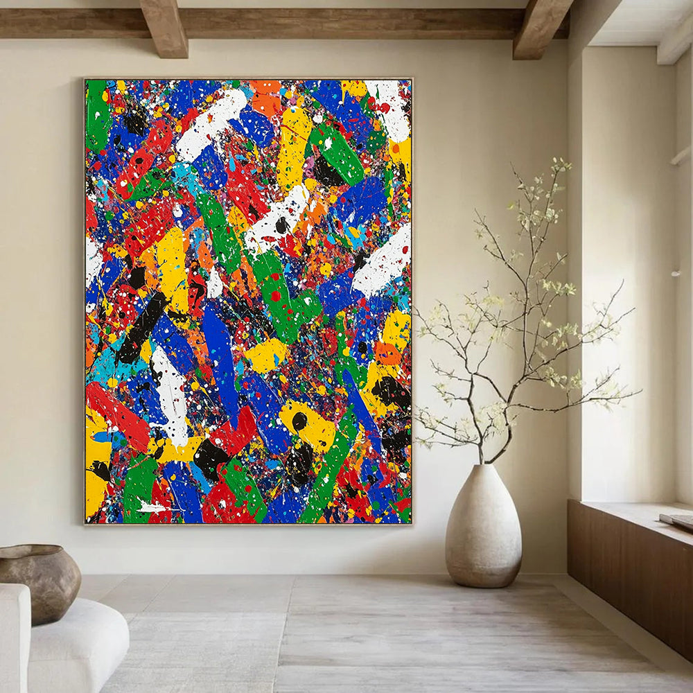 Contemporary hand-painted abstract art filled with vibrant colors and dynamic shapes evoking emotions of excitement and nostalgia in a captivating landscape. DLZ1176