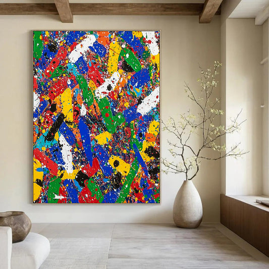 Contemporary hand-painted abstract art filled with vibrant colors and dynamic shapes evoking emotions of excitement and nostalgia in a captivating landscape. DLZ1176