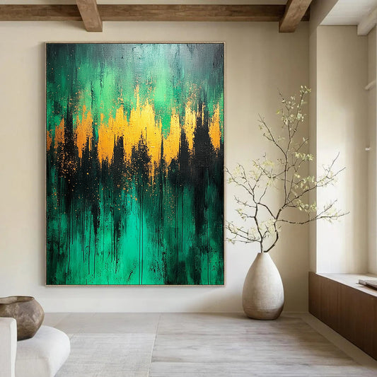 Contemporary abstract artwork featuring a lush green forest with light blue and gold accents on a textured canvas. DLZ0391