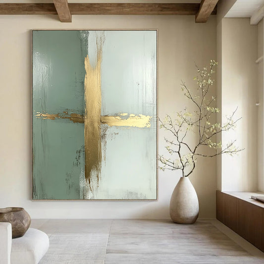 Contemporary hand-painted abstract artwork features a pale sage green and white background with a striking gold-accented vertical cross. DLZ0717